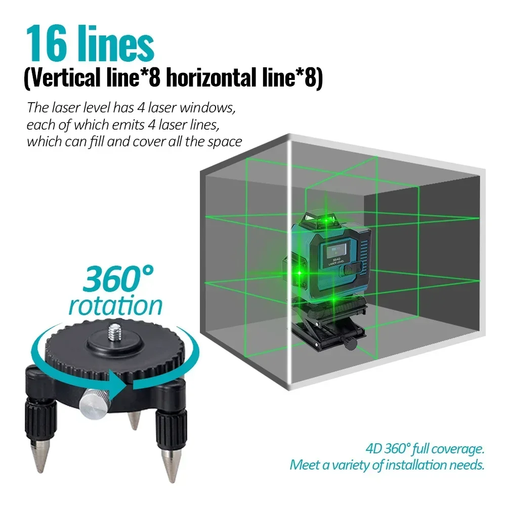 4D 16 Lines Laser Accessory Set Level Green Line SelfLeveling 360 Horizontal And Vertical Super Powerful Laser Level Green Beam