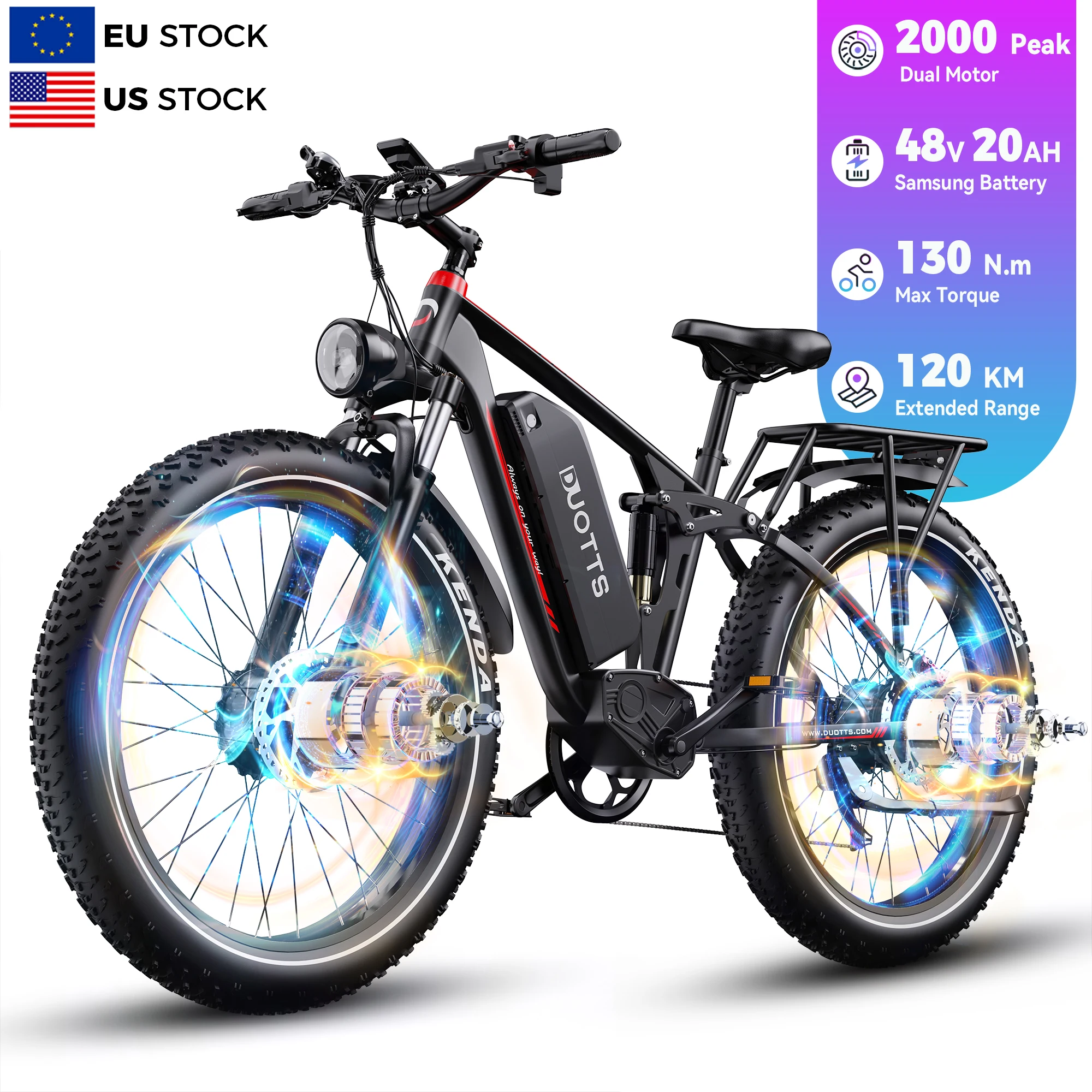 US EU  Duotts S26 Ebike 26Inch Fat Tire Dual Motor Electric E Bike 48V 20AH Mountain Dirt Mtb Moped Electric Bike