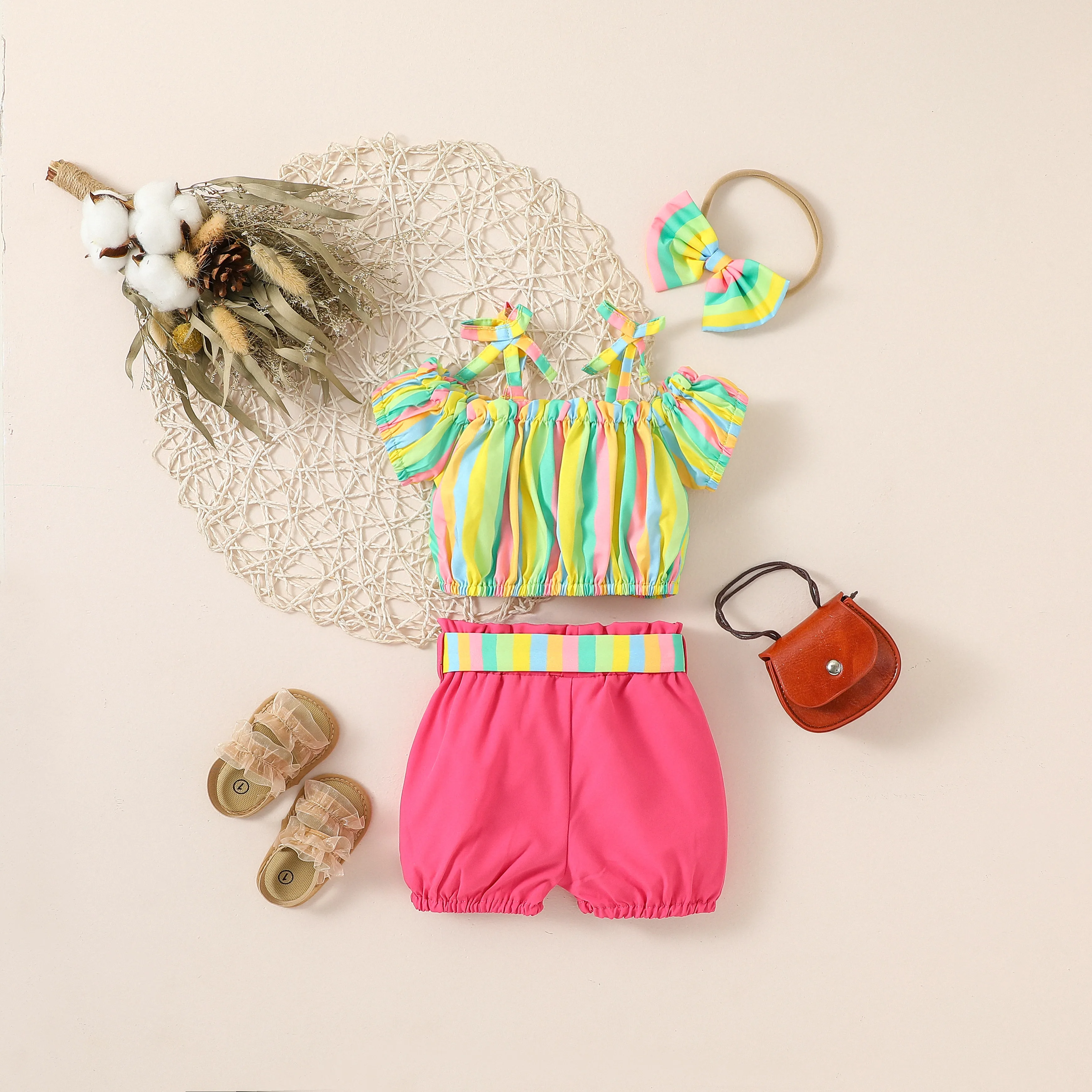 2024 New Baby Girl Summer European And Wnd Suspenders Rainbow Blouse Solid Color Shorts Street Fashion Suit