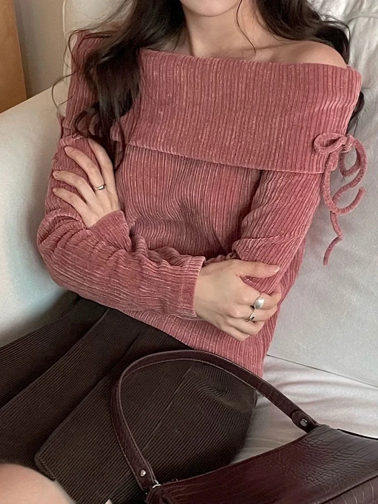 

Korobov Korean Ins Autumn Solid Sweet Slash Neck Long Sleeve Solid Bow Knitted Pullover