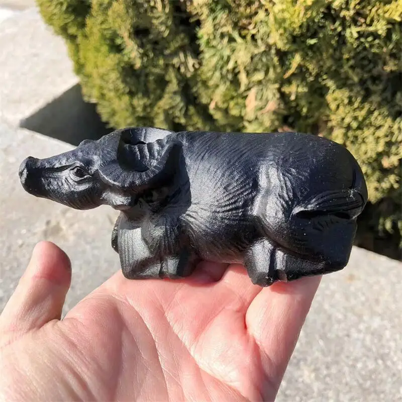 Natural Black Obsidian Buffalo Carving Polished Animal Powerful Statue For Home Decoration Holiday Gift 1pcs