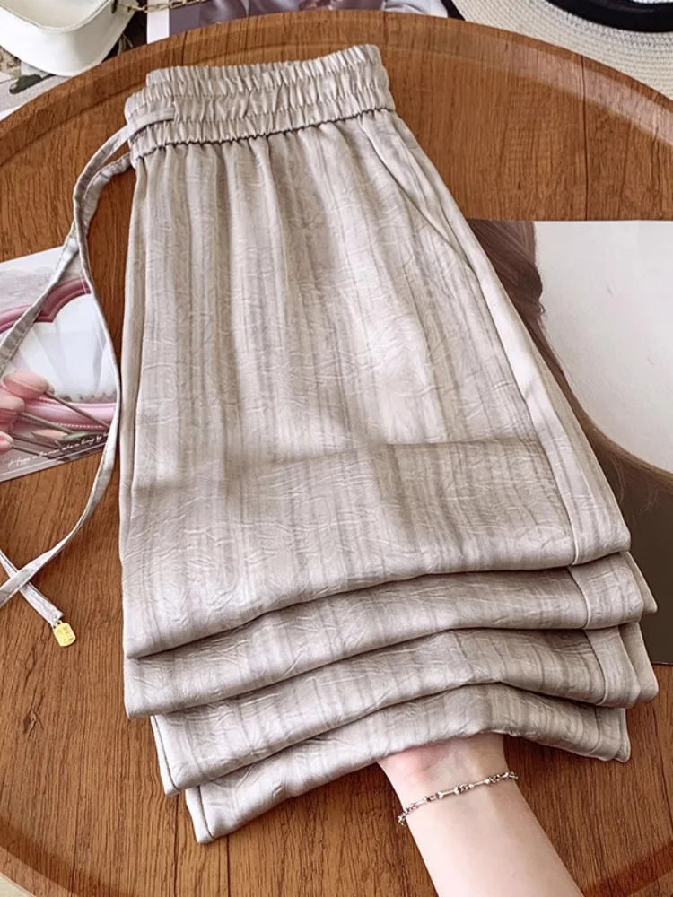 

Summer Thin High Waist Drapey Ice Silk Wide Leg Pants Women's Cool Straight Silk Satin Floor-Length Trousers Casual High Waist