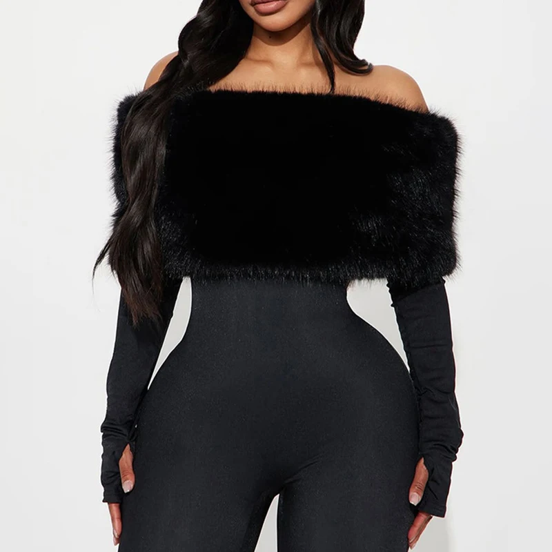 

Leisure Lady High Waist Skinny Solid Playsuits Temperament Luxury Party Rompers Autumn Winter Stylish Fur Slash Collar Jumpsuits