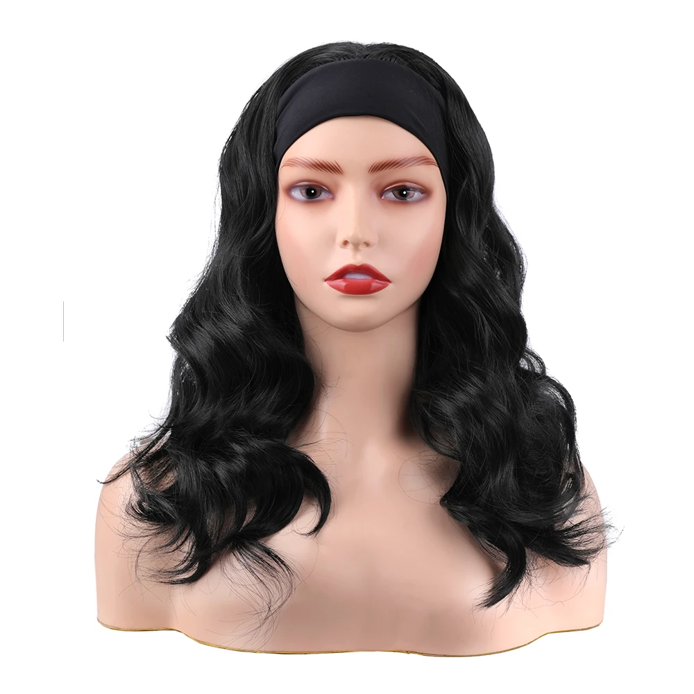 Headband Wig Synthetic Long Wavy Dark Brown Headband Wigs for Black Women Natural Looking High Density Glueless Synthetic Wig