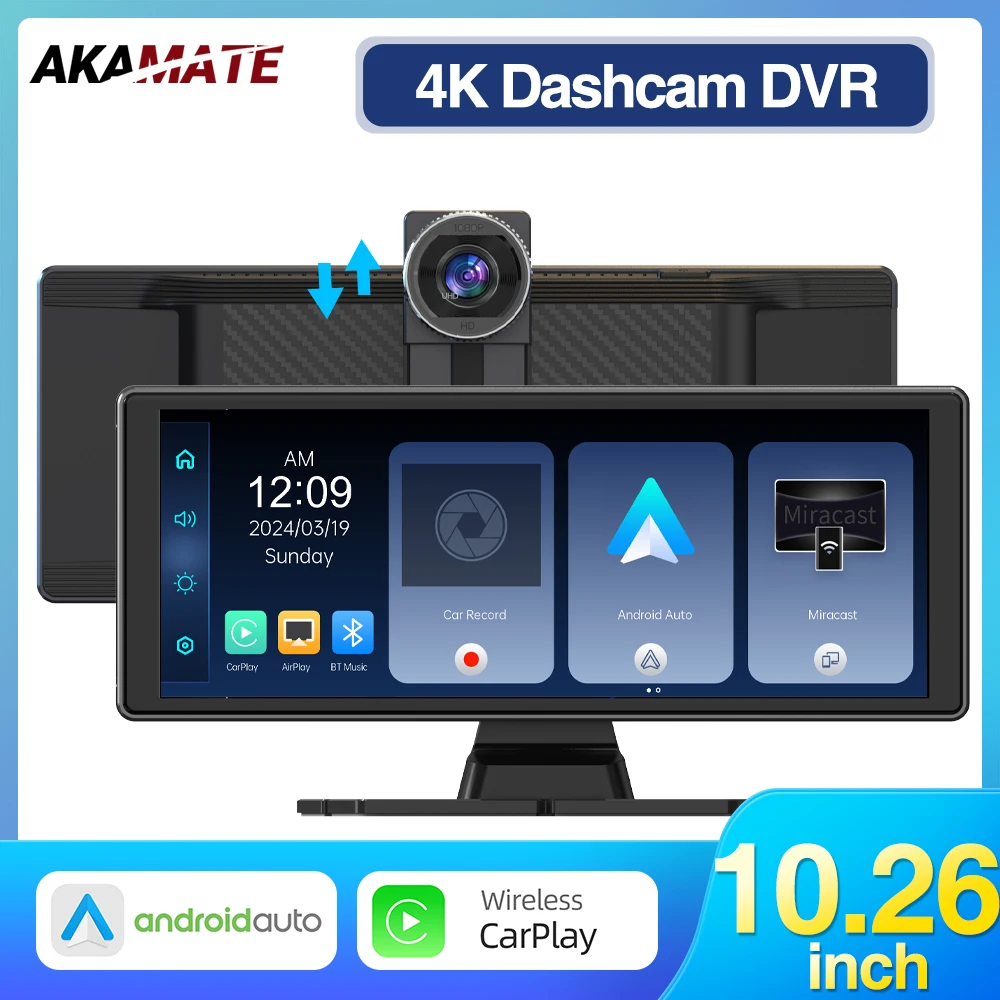 

Dash Cam Auto DVR 10.26" 4K Screen CarPlay Android Auto Universal Dashcam Dashboard Driving Recorder Bluetooth AUX Linux System