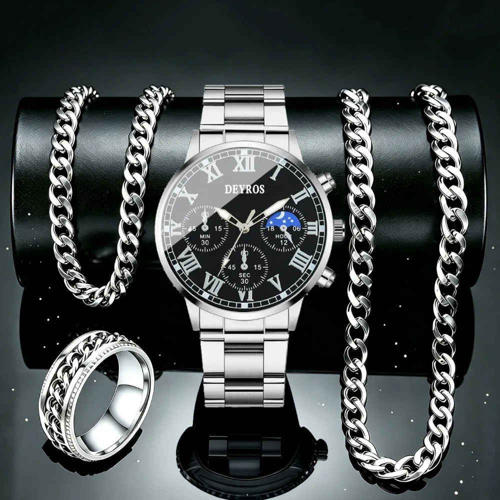 4pcs/set Men's Stylish Business Quartz Watch and Men's necklace, bracelet and ring set Casual Business Sports Watch
