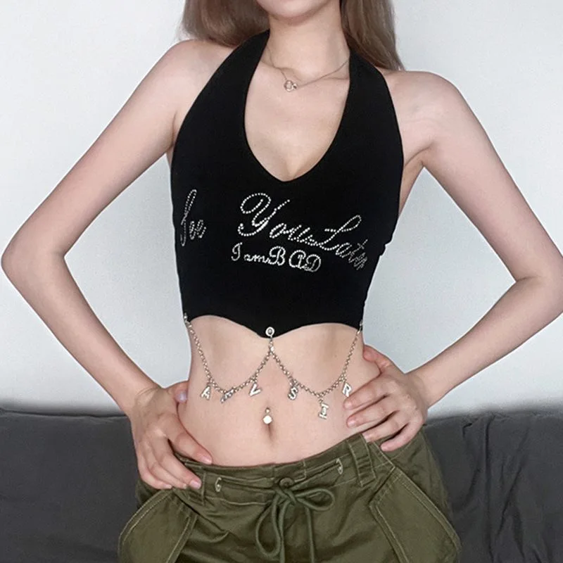 MiiiiX Hot Sexy Girl Halter Vest Short Crop Top Women 2024 Summer New Slim Letter Printed Beading Backless Top Female Clothes