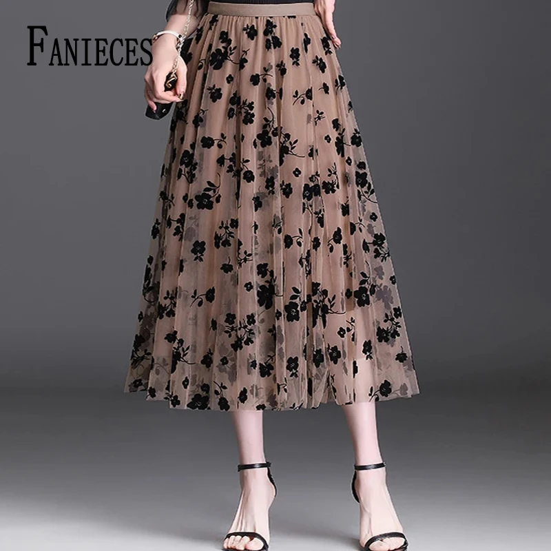 FANIECES Women Long Tulle Skirt Vintage Floral Multilayer Gauze A-line Maxi Skirt Elegant Hight Waist Mesh Office Lady Falda