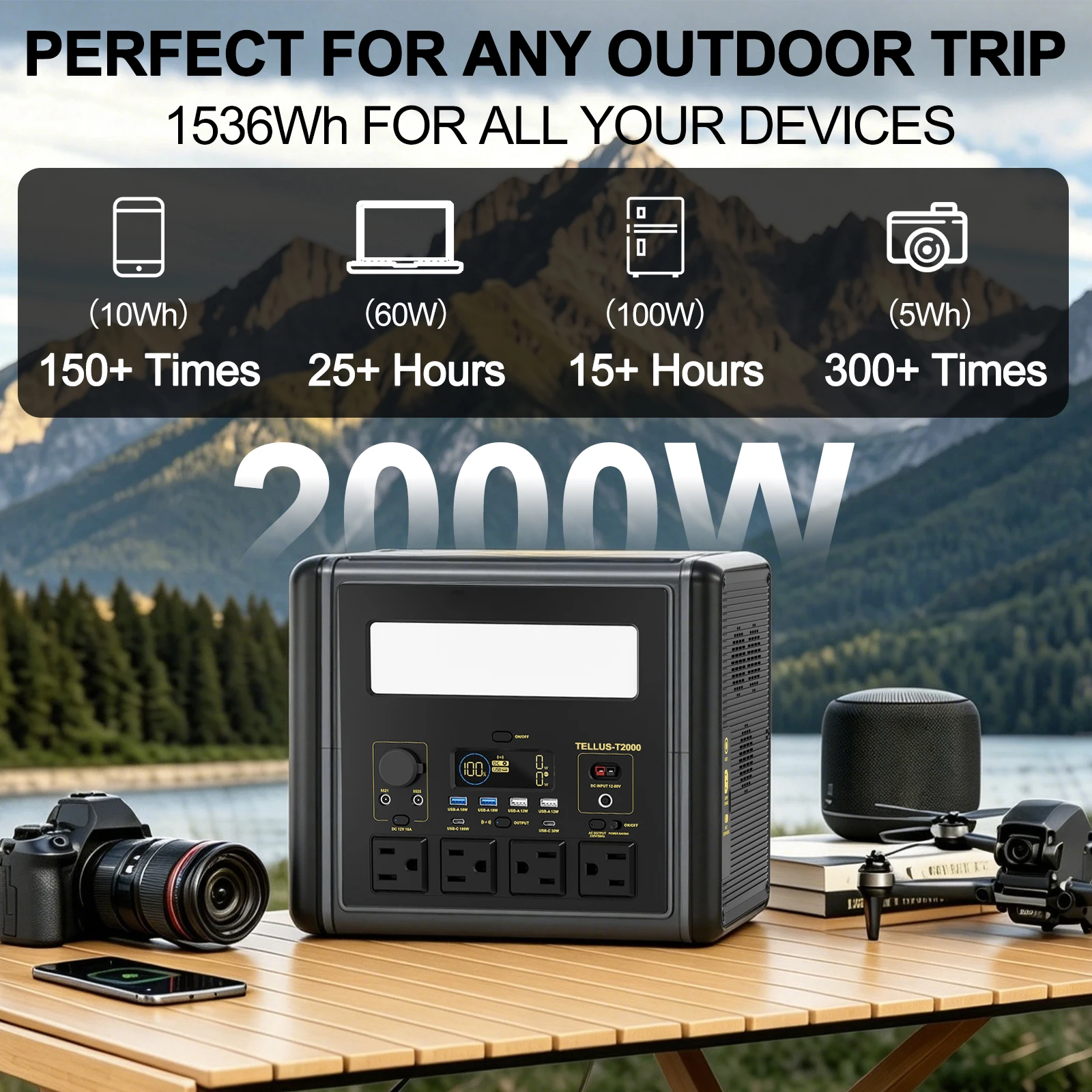 GSIKE 2000W PRO Portable Power Station 1536Wh LiFePO4 Battery Pure Sine Wave Wireless Charging LED Light Solar Generator Emergency Power for Camping Home Blackout