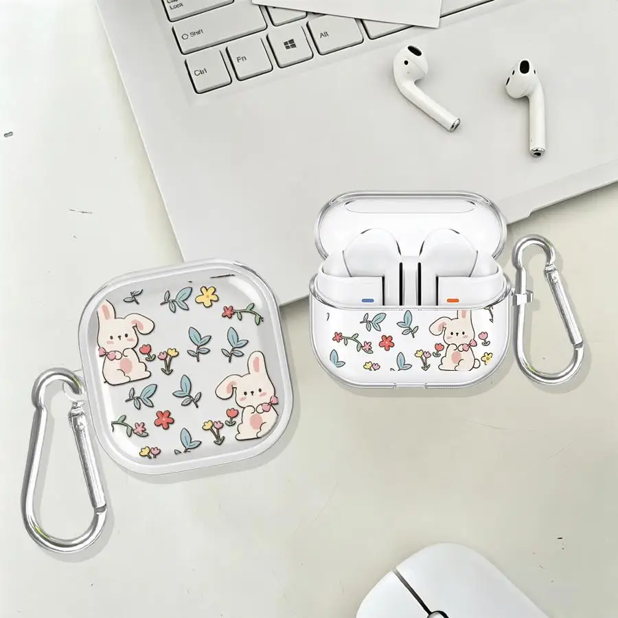Case For Samsung Galaxy Buds 4 Pro Live 2Pro 3Pro 3 FE 2 4Pro Clear Earphone Cases Cover With Hook Bunny And Mixed Flower Print