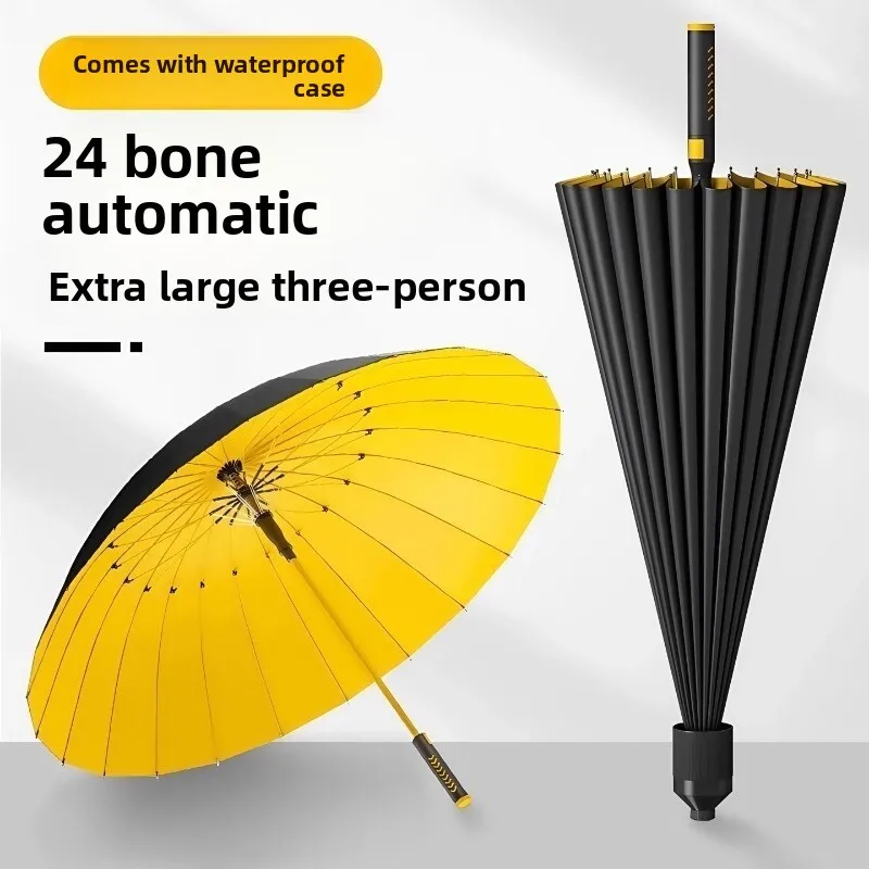 24-Rib Waterproof Automatic Umbrella for Men, Extra Large Windproof Stormproof Long Handle, Reinforced Dual-Use Golf Parasol