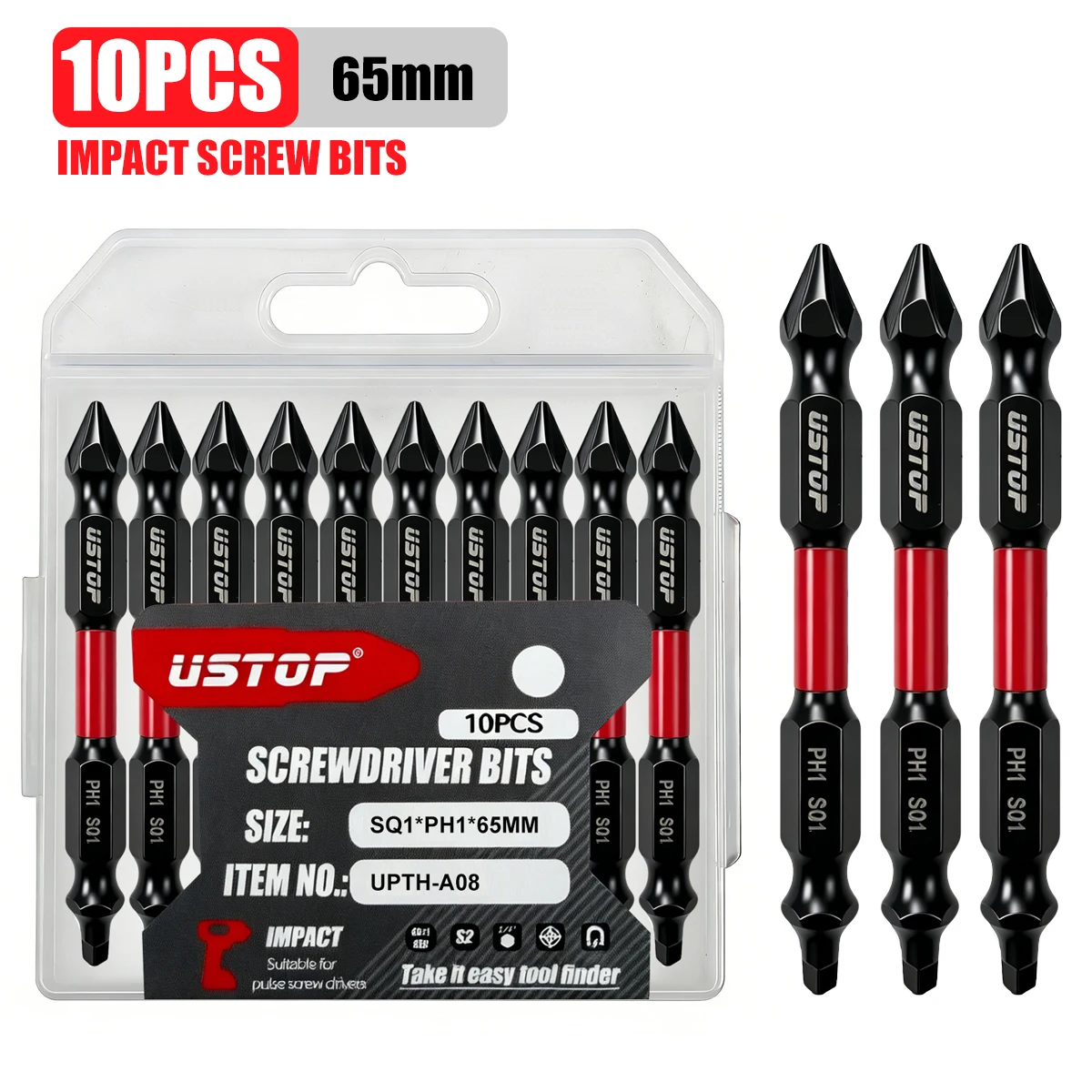 Dual-Purpose Impact Screwdriver Bits 10Pcs 65mm Ph/Sq Dual Specifications S2 Steel Heat-Treated High Hardness Wear-Resistant Suitable for Screw Disassembly and Assembly