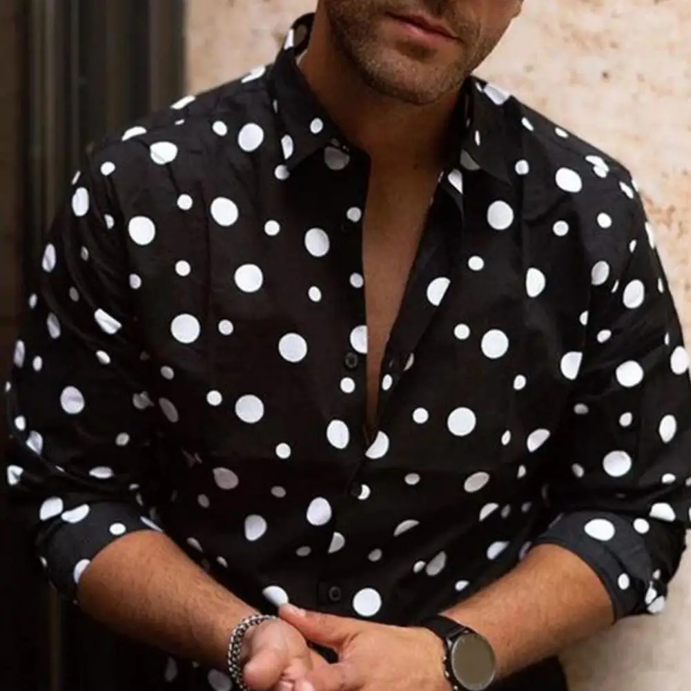 Polka Dot Print Men Shirt Turn-down Collar Long Sleeves Loose Dot Printed Male Casual Shirt for Man Tops Men\'s Clothing camisas