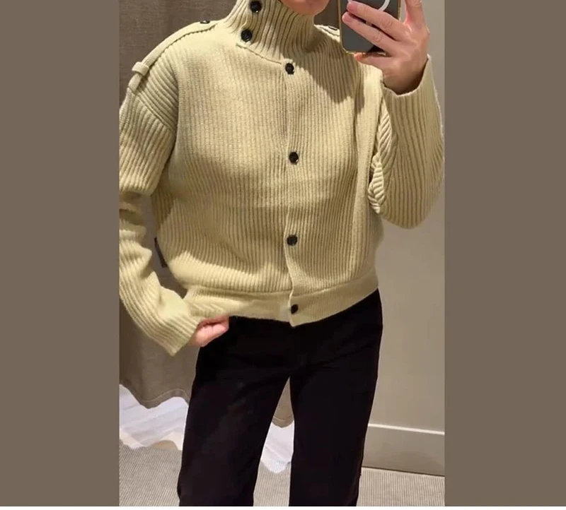 

2025 Autumn Winter Lady Knitwear Fashion Women's Knit Ribbed Cardigans Stand Collar Single Breasted Long Sleeve Solid Sweater