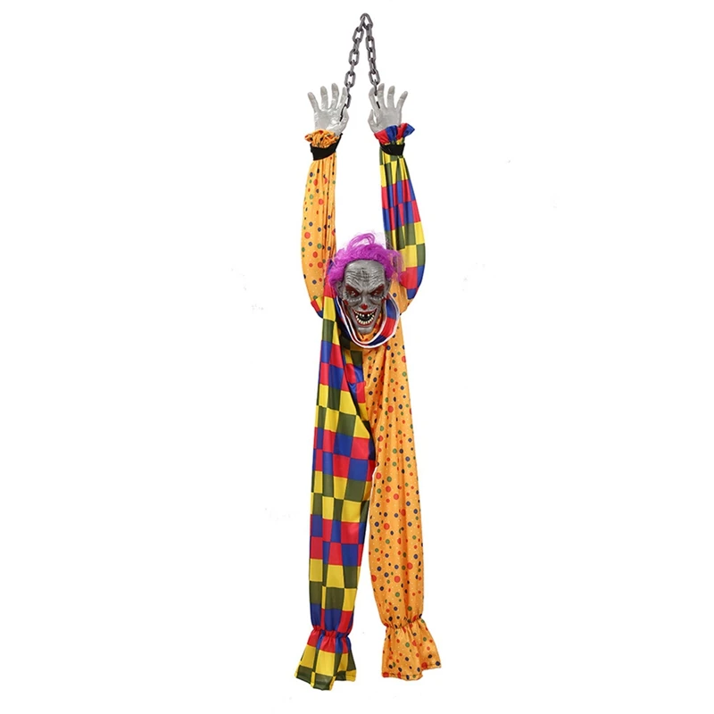 Hanging Clown Plastic 5.6 Ft Animated Talking & Shaking Scary Clown With Chain, Touch Activated For Halloween Decor