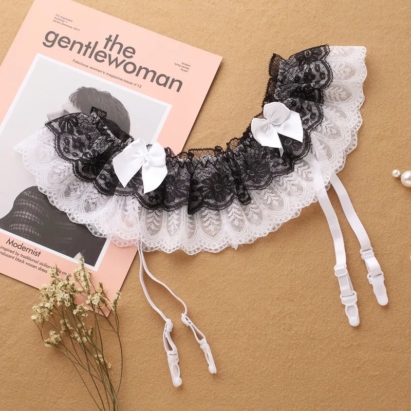 Women's Lace Garter Belt with Bows Adjustable Suspender Belt for Stockings Double Layer Lace Frilly Bowknot Garter for Lingerie