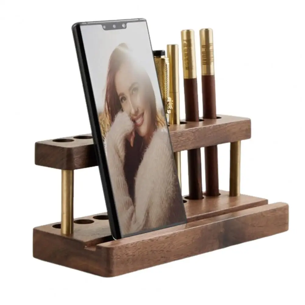 Rustic Desk Accessory Wooden Pen Holder with 9 Slots Cell Phone Stand Minimalist Office Decor Aesthetic Organizer for Desk