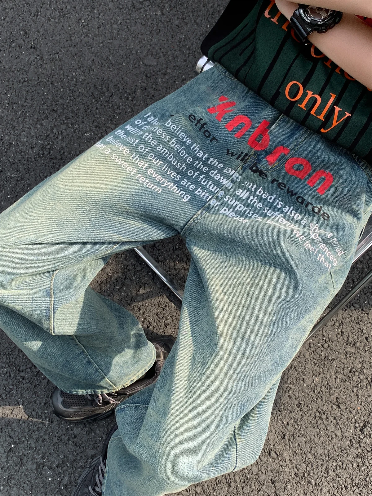 

Retro Wide Leg Men's Jeans Trendy Print Loose Straight Casual Long Trousers Summer Comfortable Straight Footwear for Teens