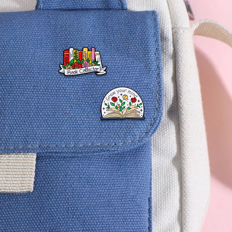 New Pretty Book Flower Collection Enamel Brooches Grow Your Mind Read Pile Lapel Pins Nice Gift For Student Teacher