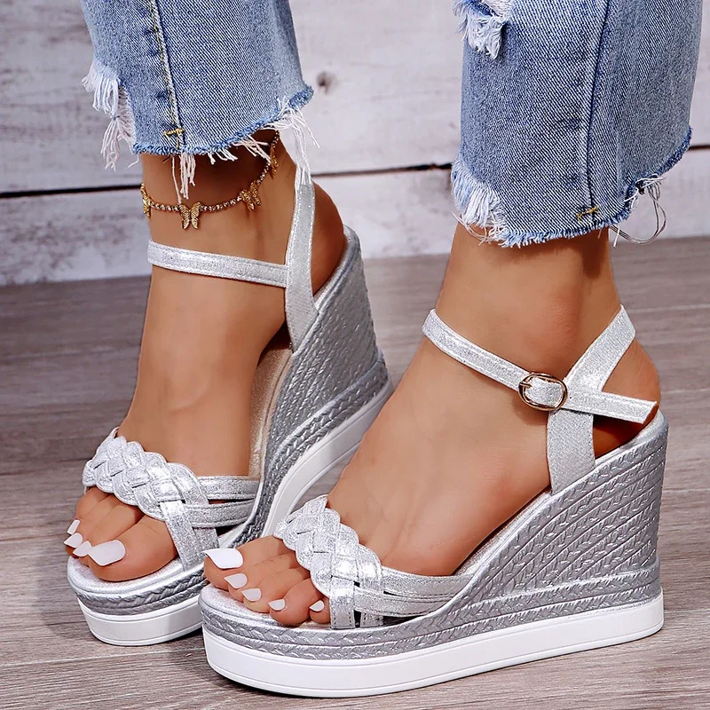 Women\'s Chunky Wedge Peep Toe Sandals 2023 Summer Fashion  Buckle Roman Style Platform Gladiator Sandals Silver Rubber Soft Sole