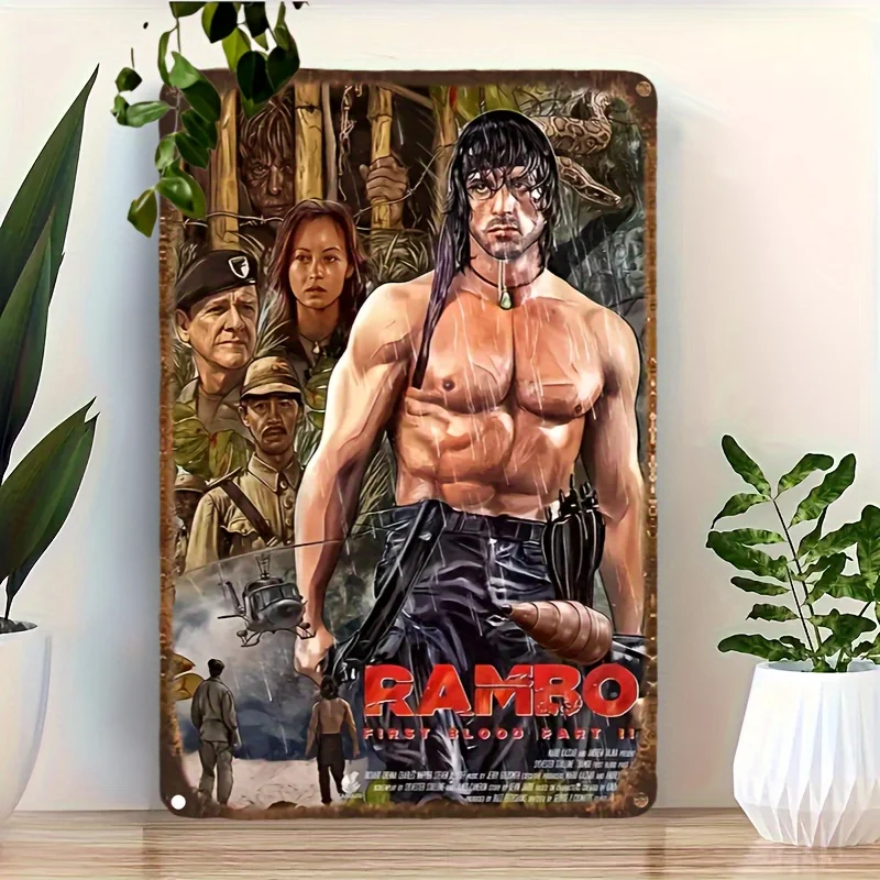 Vintage Metal Tin Sign - First Blood Part II Classic Film Wall Art - Pre-drilled for Easy Hanging, Retro Iron Plaque Decor for B