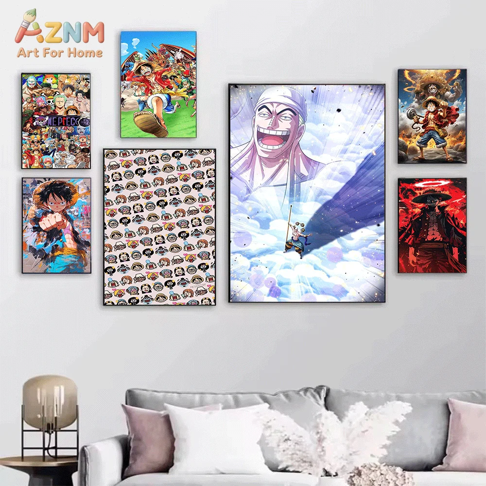 AZNM Unframed Canvas Print One Piece Jolly Roger Straw Hat Crew Luffy Anime Wall Art Manga Poster Home Decor
