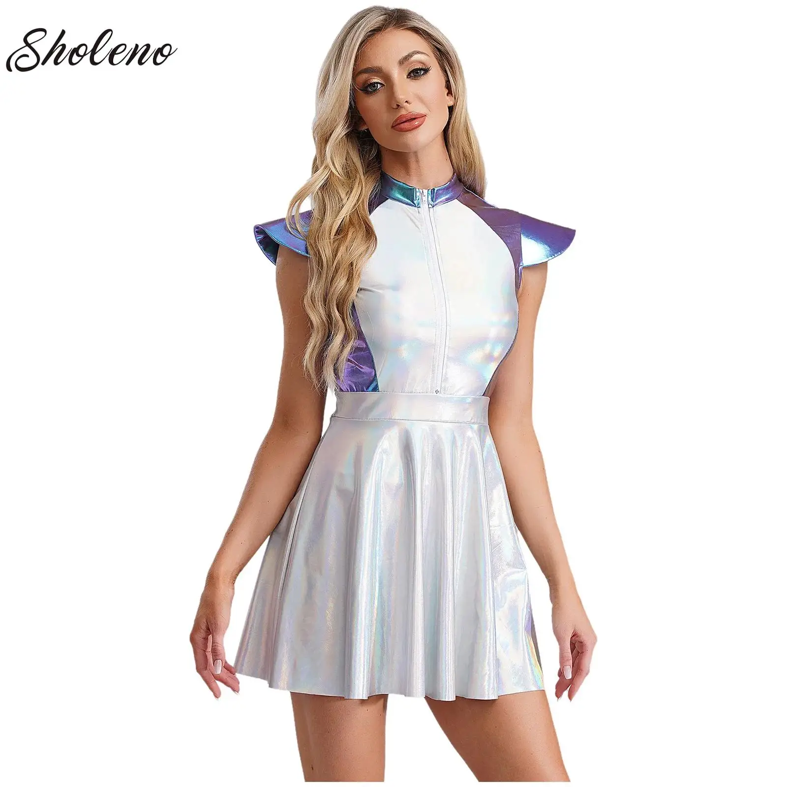 

Women Shiny Metallic Dancer Cosplay Costume Outer Space Cutie Dress Nightclub Disco Party Dress Halloween Carnival Dancewear
