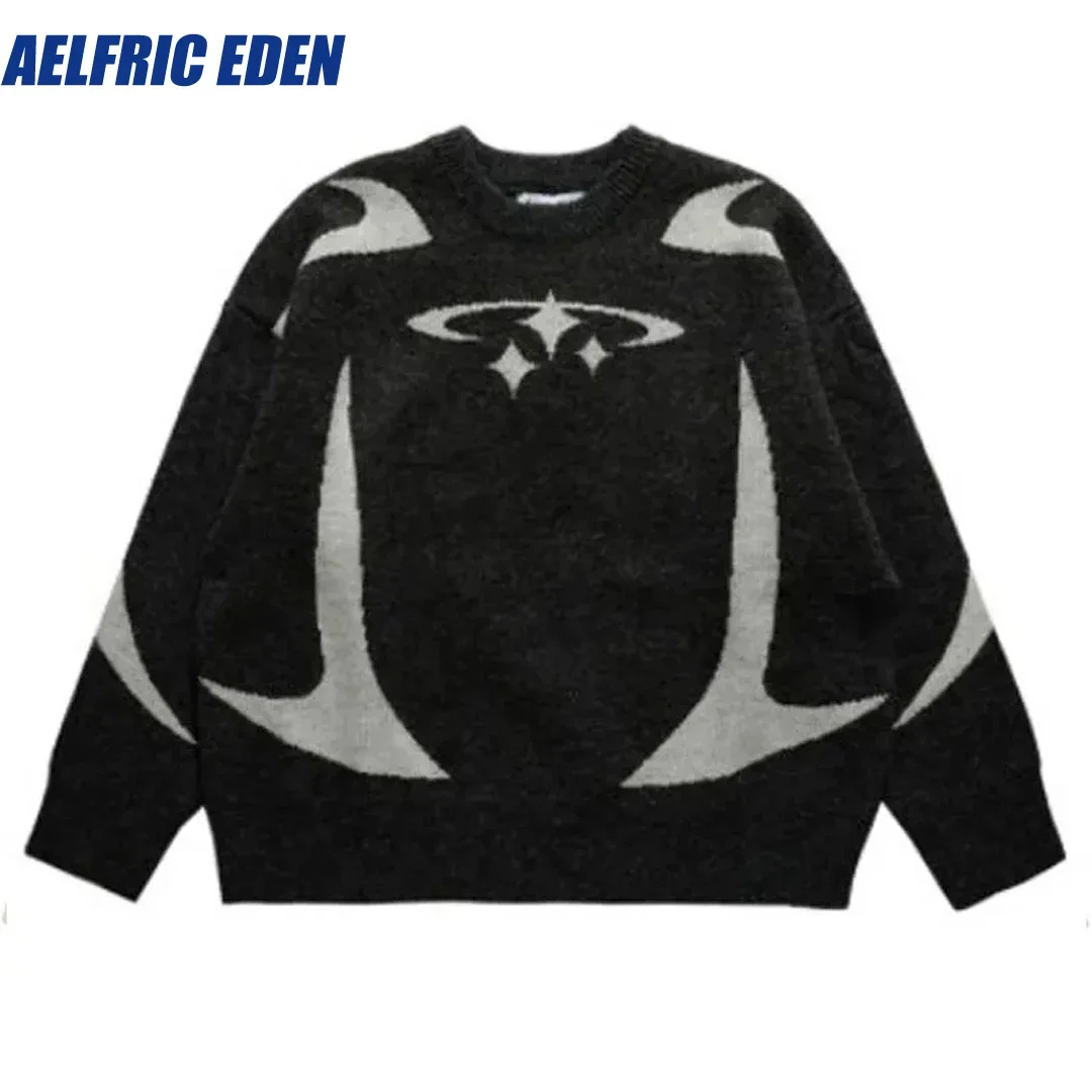 Aelfric Eden Knitted Patchwork American Style Jumper Retro Sports Sweater Y2K Hip Hop Streetwear Men Harajuku Loose Pullover