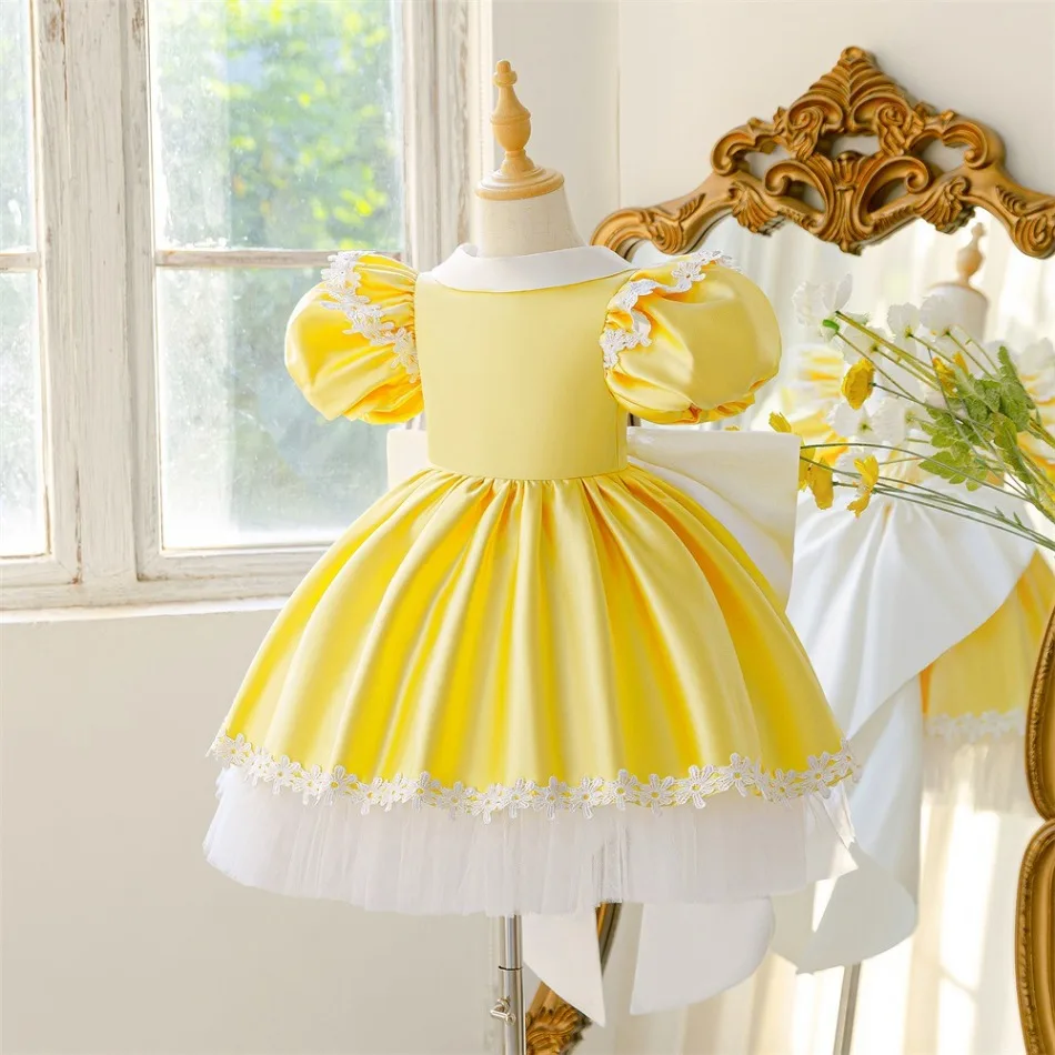 Girls Yellow Satin Dress Puff Sleeve White Tulle Hem Floral Trim Princess Birthday Party Formal Gown Kids Pageant Dress ASQ03
