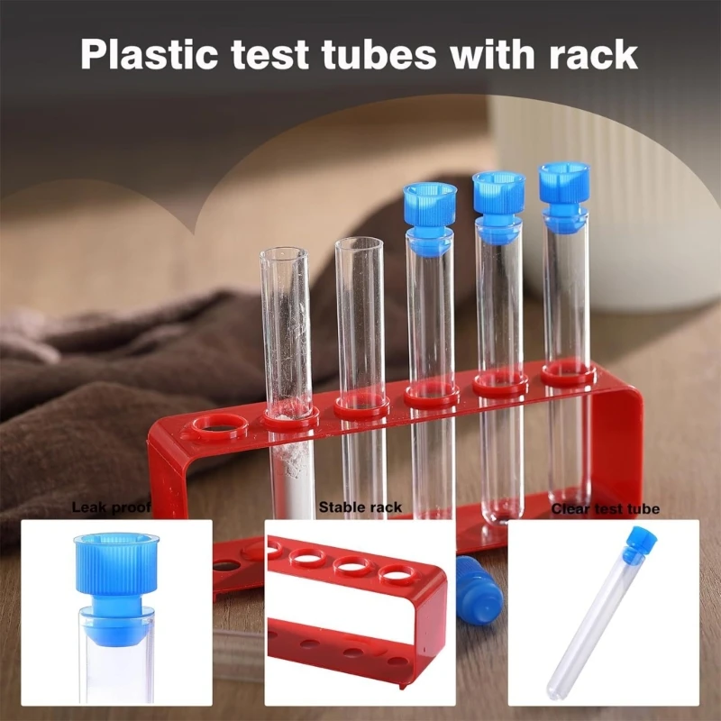Clear Test Tube and Rack Set with Separate Closures for Direct Sample Viewing, Sorting, and Classroom Demonstrations 896C