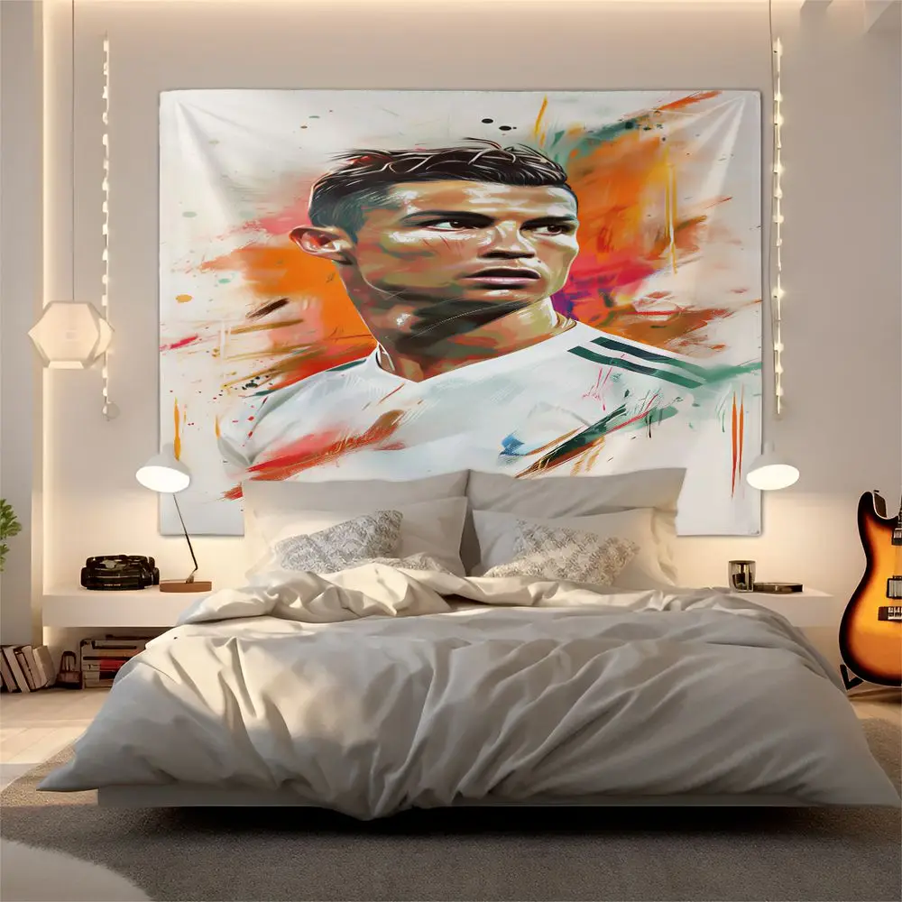 Man Portrait Art Tapestry Wall Hanging, Abstract Green Stripe Jersey Digital Print Wall Decor for Bedroom Living Room