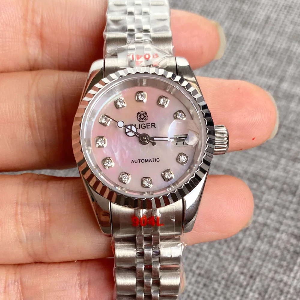 Bliger Dress Silver Rose Gold Fluted Bezel 26mm Pink MOP Diamond Dial Sapphire NH05 Automatic movement Watches for Women