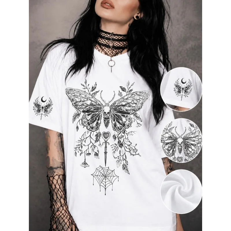 Women's Black Loose Gothic Style Butterfly Spider Web Floral Print T-shirt, Suitable for Both Men and Women in All Seasons