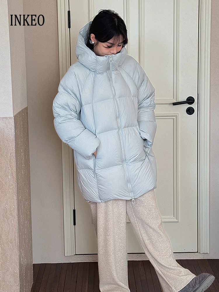 

Fashion Mid-length down jacket for women 2025 Winter Sweet Hooded Long sleeve puffer coat Oversize Warm Light blue INKEO DJ515