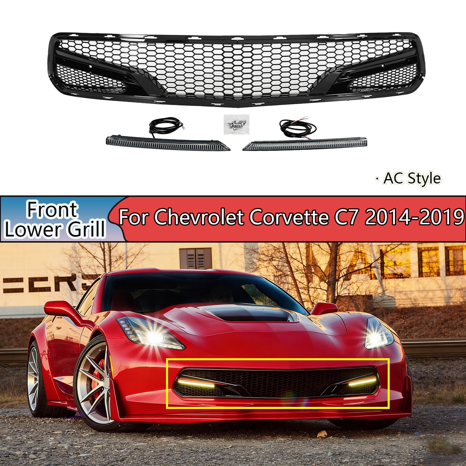 A Front Bumper Lower Grille W/ LED For Chevrolet Corvette C7 2014-2019 Plastic Car Accessories Glossy Black Carbon Fiber Painted