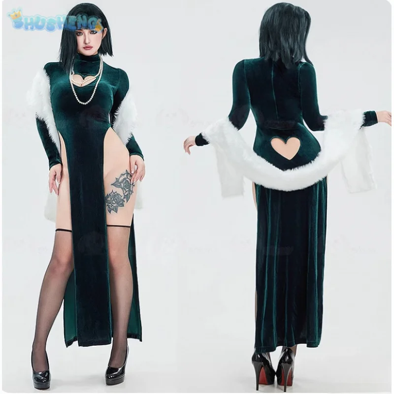 

Fubuki Anime ONE PUNCH-MAN Cosplay Costume Woman Sexy Deep Blue Chinese Cheongsam Dress Cloak Set Halloween Party Uniform