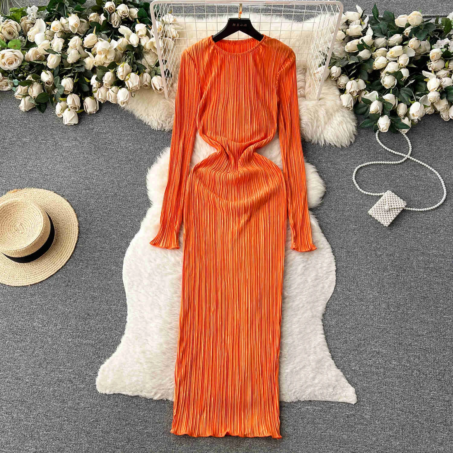 Women Elegant Autumn Bodycon Dress 2024 Solid O Neck Long Sleeve Slim Stretch Summer Streetwear Club Party Maxi Dress Vestidos