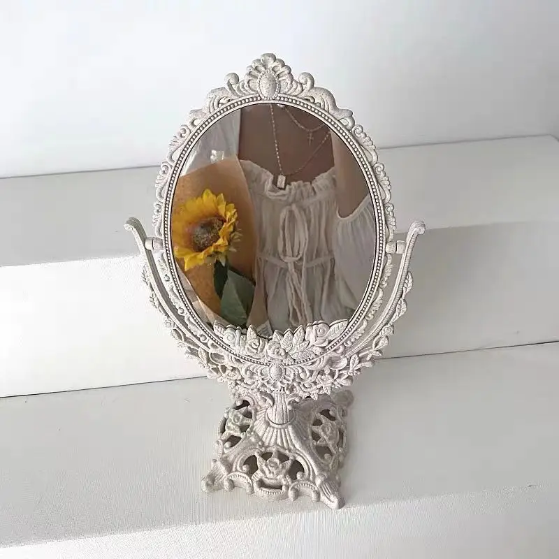 custom.Reversible Mirror Desktop Make-up  Mirror Rotating European Style Engraved Dressing Mirror Wheat Straw