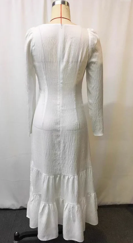 2025 Autumn Vintage U Neck Button Pleated Long Dress Woman Fashion Solid Split Boho Dress Long Sleeve Slim Maxi Dress Vestidos