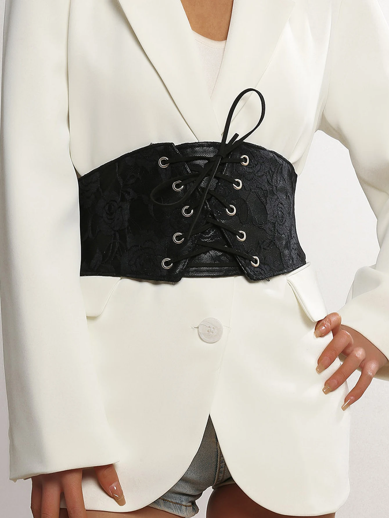 Women's Decorative Wide Elastic Waist Cincher Belt with Rose Lace - Black, Stylish for Matching Dresses, Suits & Coats