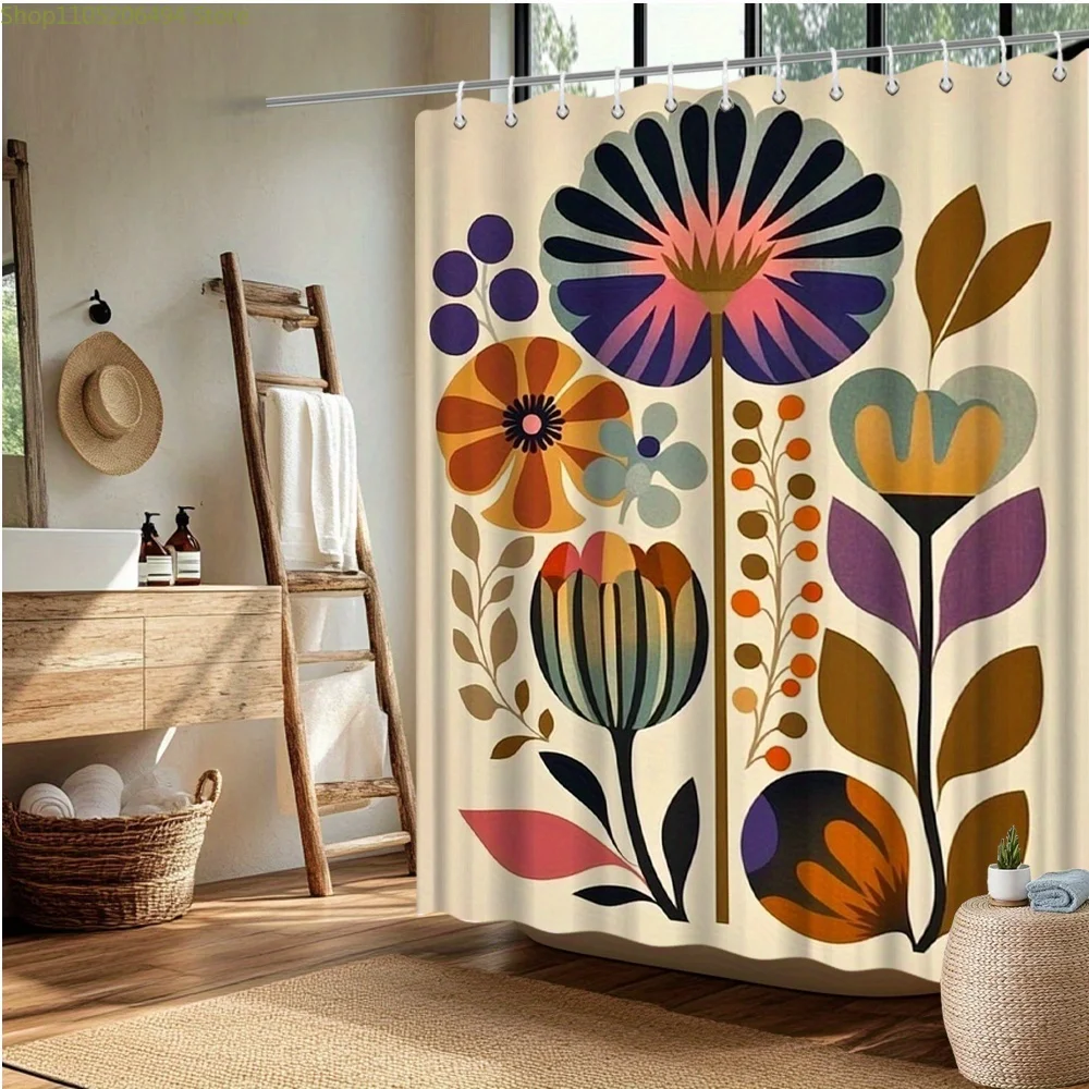 1pc Mid-Century Modern Abstract Floral Shower Curtain - High Quality Polyester Fabric, Fade-Resistant, Machine Washable with