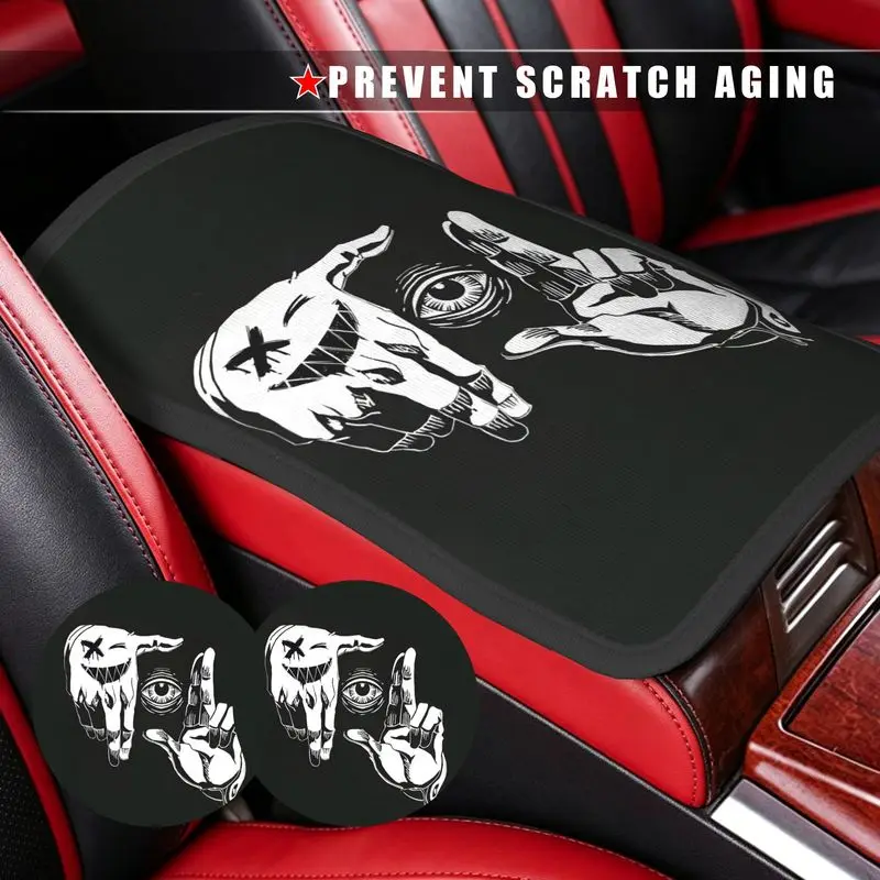 1Pc Car Armrest Cover & 2Pcs Cup Coasters | Skull Hands With Eyes & Smiley Design | Cool Car Accessories
