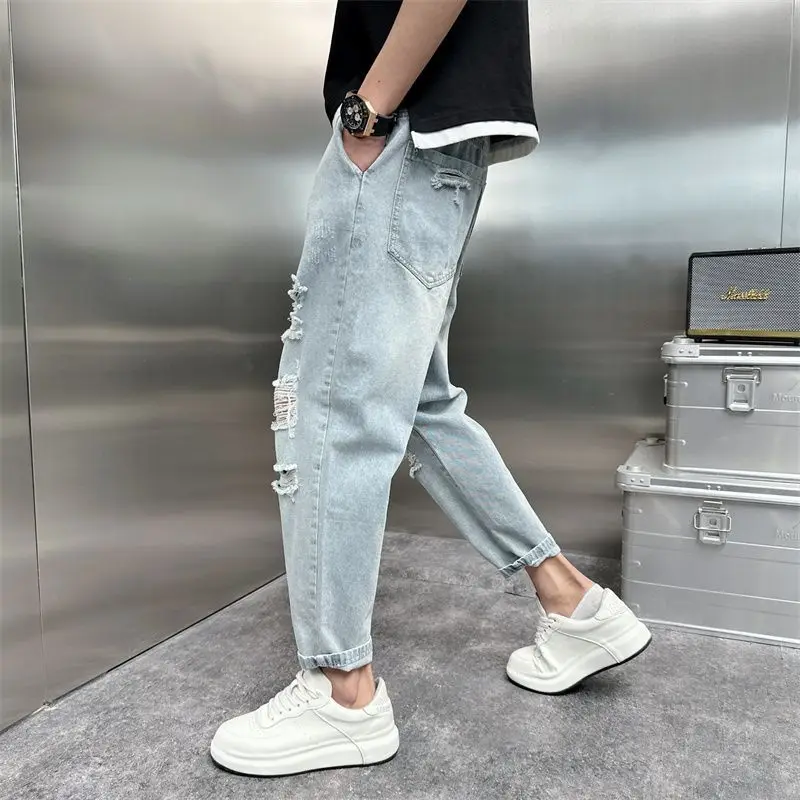 جينز ممزق قديم 2025 للرجال فضفاض مستقيم للربيع والصيف رفيع واسع الساق سراويل هارلان بخصر مطاطي سراويلي حريمي للرجال #2
