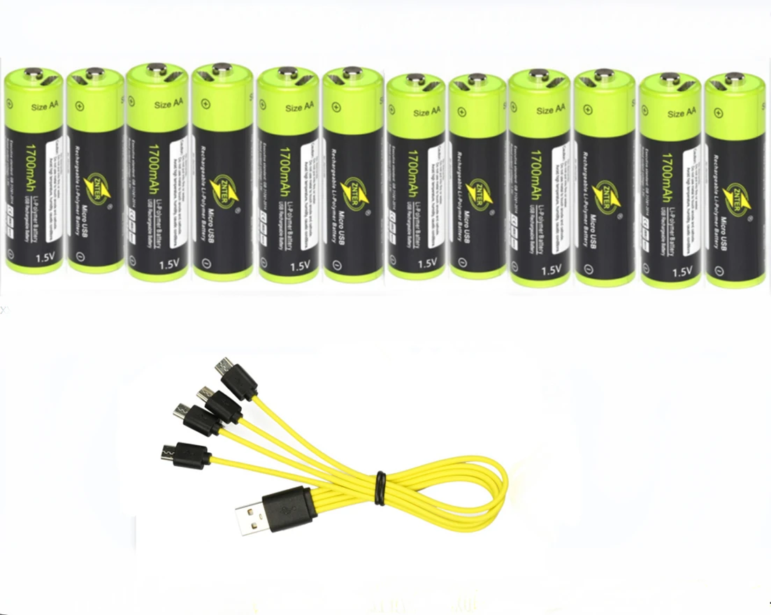 

12PCS New ZNTER 1.5V 1700mAh AA Rechargeable Battery USB Rechargeable Lithium Polymer Battery with Micro USB Cable Fast Charge