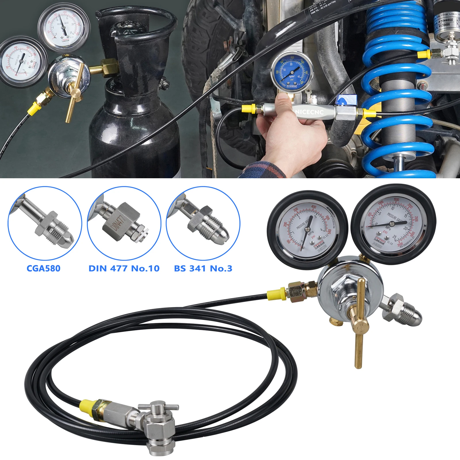 

Universal UTV Shock Nitrogen Fill Refill Tool Regulator Kit for Yamaha Polaris CanAm w/ Schrader Valve FOX SHOWA KYB Shock