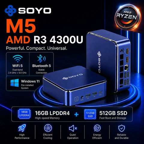 SOYO M5  Mini PC AMD Ryzen 3 4300U 16GB RAM 512GB SSD DP+HDMI Dual Display 4K Portable Small Form Factor Computer