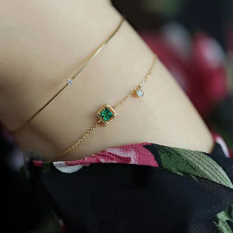 New 925 Sterling Silver Square Bracelet Charm Temperament Green Zircon Shiny Woman Bracelet Birthday Gift Exquisite Accessories