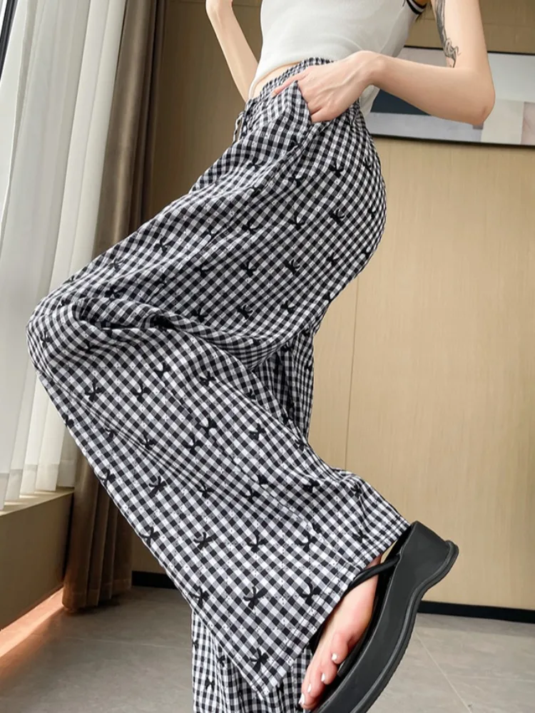 Pantalones informales Retro de cintura alta con bordado a cuadros para mujer, novedad de verano, pantalones largos de pierna ancha para caminar adelgazantes con nudo