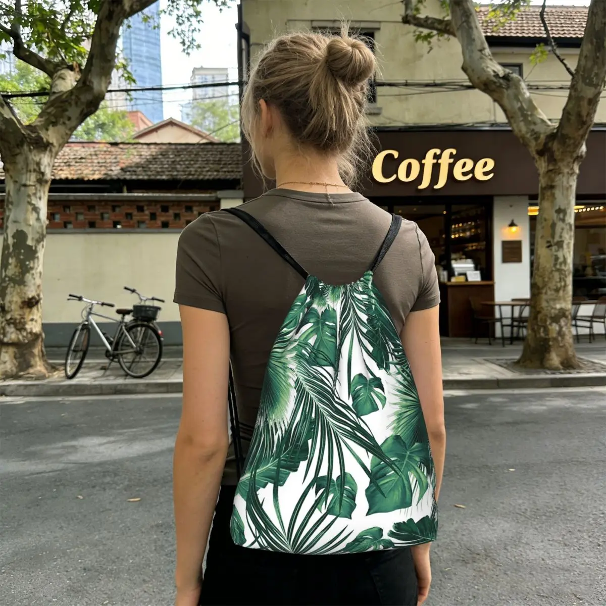 Green Tropical Jungle Leaf Print Backpacks Portable Drawstring Bags Shoes Bag Book Bags for Man Woman Students