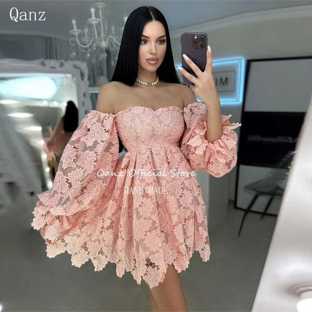 

Qanz Lace Prom Dresses Pink Flowerls Long Sleeves Short Party Dresses A Line Vestidos Customized Para Graduacion Elegantes